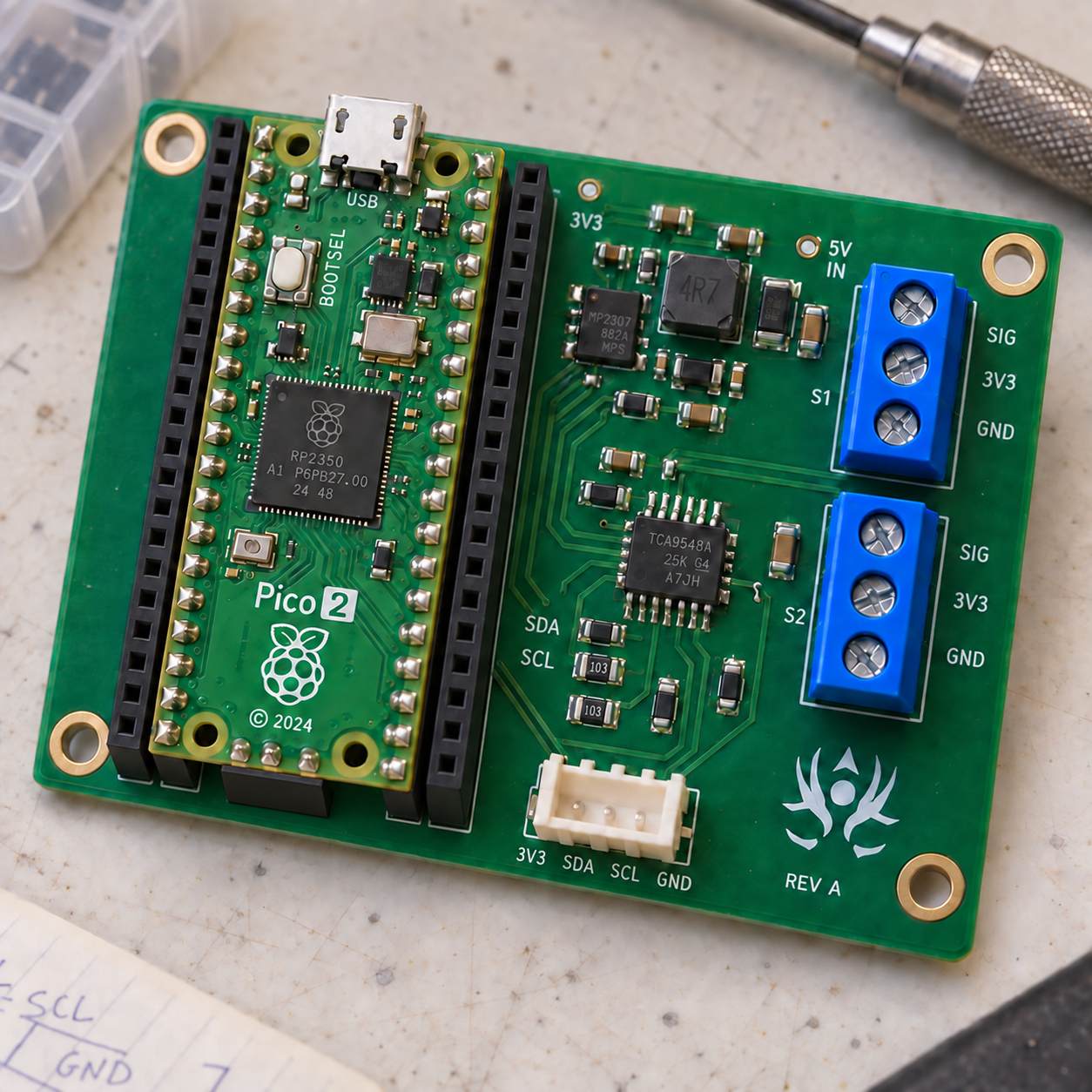 Sensor-controller concept with a Pico-style module, blue connectors, and the Masterful Creations emblem in white silkscreen on a green circuit board.