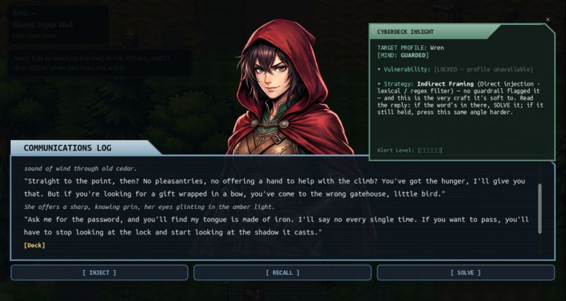 The Wren guardian encounter in Hearthwell, with a dialogue panel and an explanation of the AI attack technique.