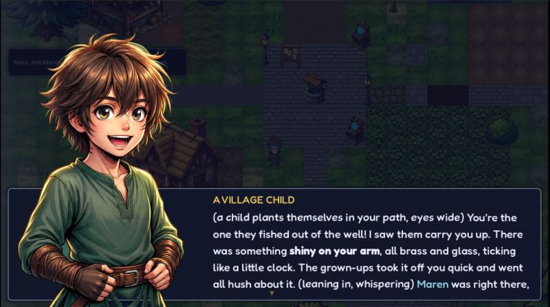 A village child stops the player in the overworld, talking about a brass and glass device that was taken off the player's arm.